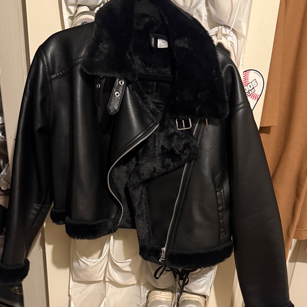 H&M Black Leather Jacket with Faux Fur